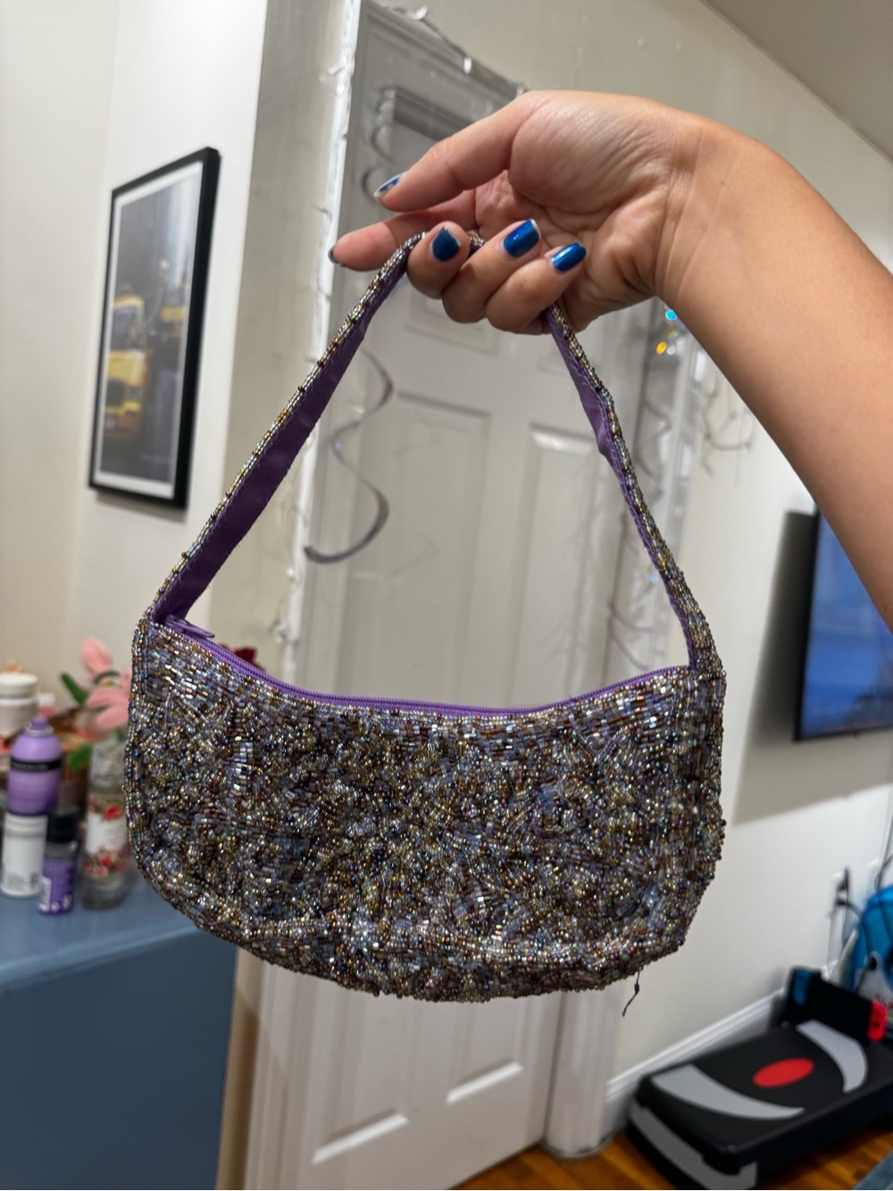 Purple Beaded Shoulder Bag with Sparkle Detailing